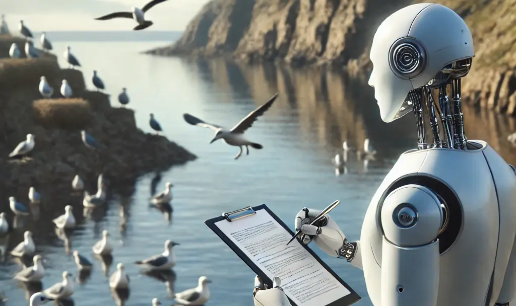 robot scientist observing a bird colony